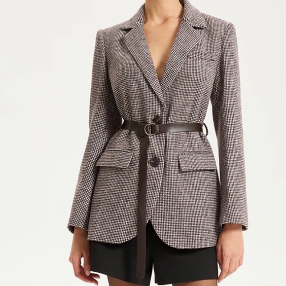 Commense Brown & White Houndstooth Belted Blazer Jacket - Picture 2 of 3